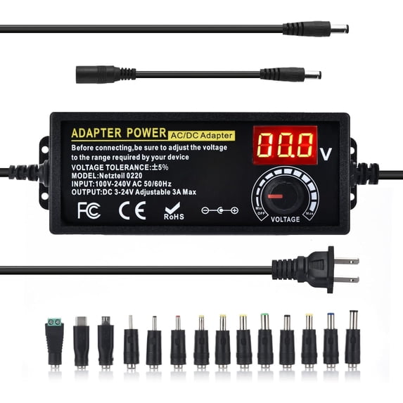 Universal Power Supply Adjustable 3A 72W DC 3V ~ 24V Variable Universal Switching 100V-240V AC/DC Adapter with Volt Display & Adjustable Voltage & 14pcs Tips & A Reverse Polarity Converter
