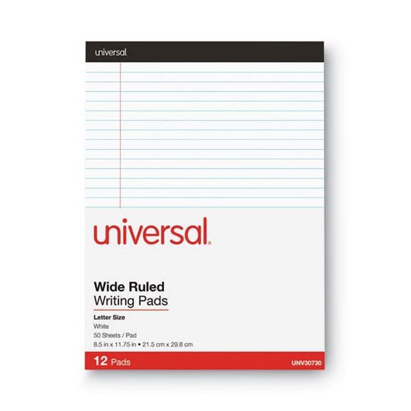 Universal Premium Ruled Writing Pads With Heavy-Duty Back, Wide/legal Rule, Black Headband, 50 White 8.5 X 11 Sheets, 12/pack | Order of 1 Pack