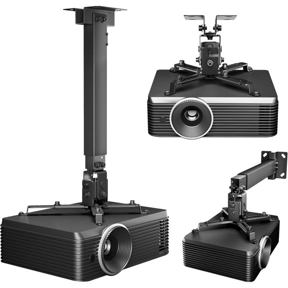 Universal Projector Ceiling Mount with Extension Pole, 3-in-1 Adjustable Projector Mount for Ceiling or Wall, 44 lb Capacity, Tilt & Swivel Projector Bracket for Home Theater, Office & Classroom, BK