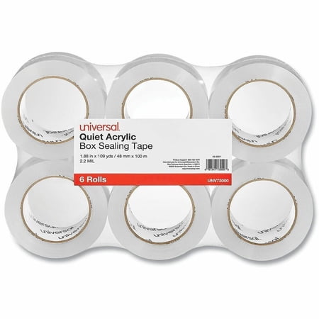 Universal Quiet Tape Box Sealing Tape, 48mm x 100m, 3" Core, Clear, 6/Pack -UNV73000