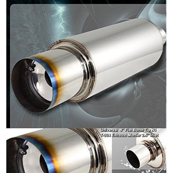 Universal R-spec Racing Exhaust Muffler, 4" Flat Burnt Tip w/silencer to 2.5" Inlet (New)