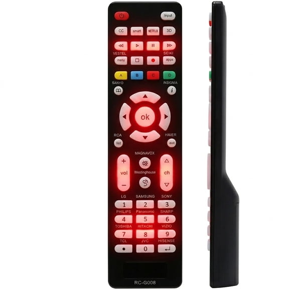 Universal RC-G008 Backlit Replacement Remote Control for LCD LED Smart TVs, Black