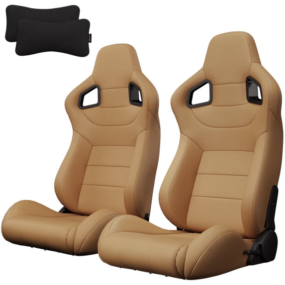 Universal Racing Seats 2PC Set - Brown Stitched PVC Leather Bucket Seats w/Adjustable Recline & Sliders, Carbon Fiber Look Backrest, Lightweight for Car/Truck (No Bracket)