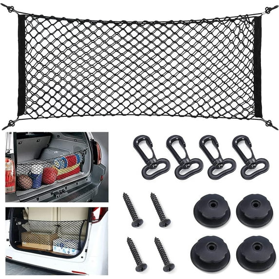 Universal Rear Trunk Storage Net, Double Layer Elastic Adjustable Nylon Trunk Organizer 90.2 x 40.9 cm with Hooks and Screws SUV Truck