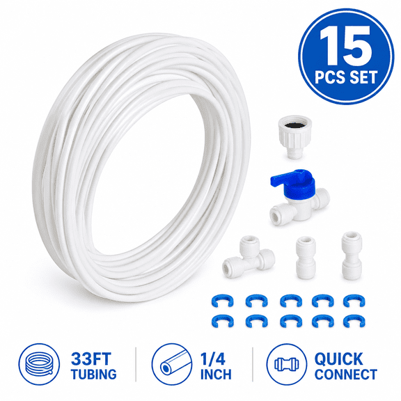 Universal Refrigerator Water Line Kit, 1/4 Inch 33ft Food Grade PE Tubing with Quick Connect Fittings for Ice Makers & RO Water Systems