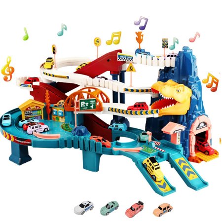 Dinosaur Rail Car Toys, Dinosaur Climbing Hills Railcar Colorful Vehicles Construction Play Set w/ 4 Racer Cars & Lifting Parking Lot, Winding Highway Dinosaur Hill for Preschool Gifts Kids Ages 3+
