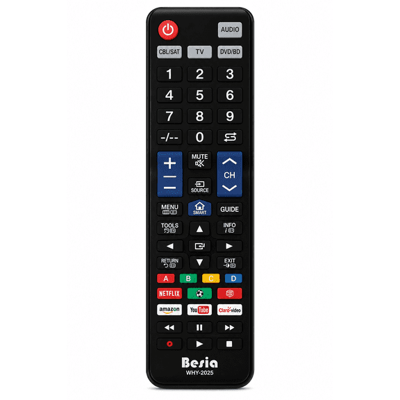 Universal Replacement Remote Control WHY-2025 for Samsung Smart TVs, Blu-ray/DVD Players, Cable Boxes & Audio Systems | 5-in-1 Programmable Universal TV Remote | Netflix, YouTube & Prime Video