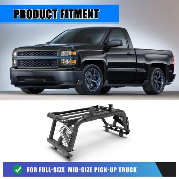 Universal Roll Bar Fit for Chevy/GMC, Full-Size Sport Chase Rack Roll Bar Fit for Ford/Ram/Tacoma/Tundra/Frontier/Titan, Mid-Size Adjustable Bed Rack Fit for Gladiator/Ridgeline w/Roof Rack