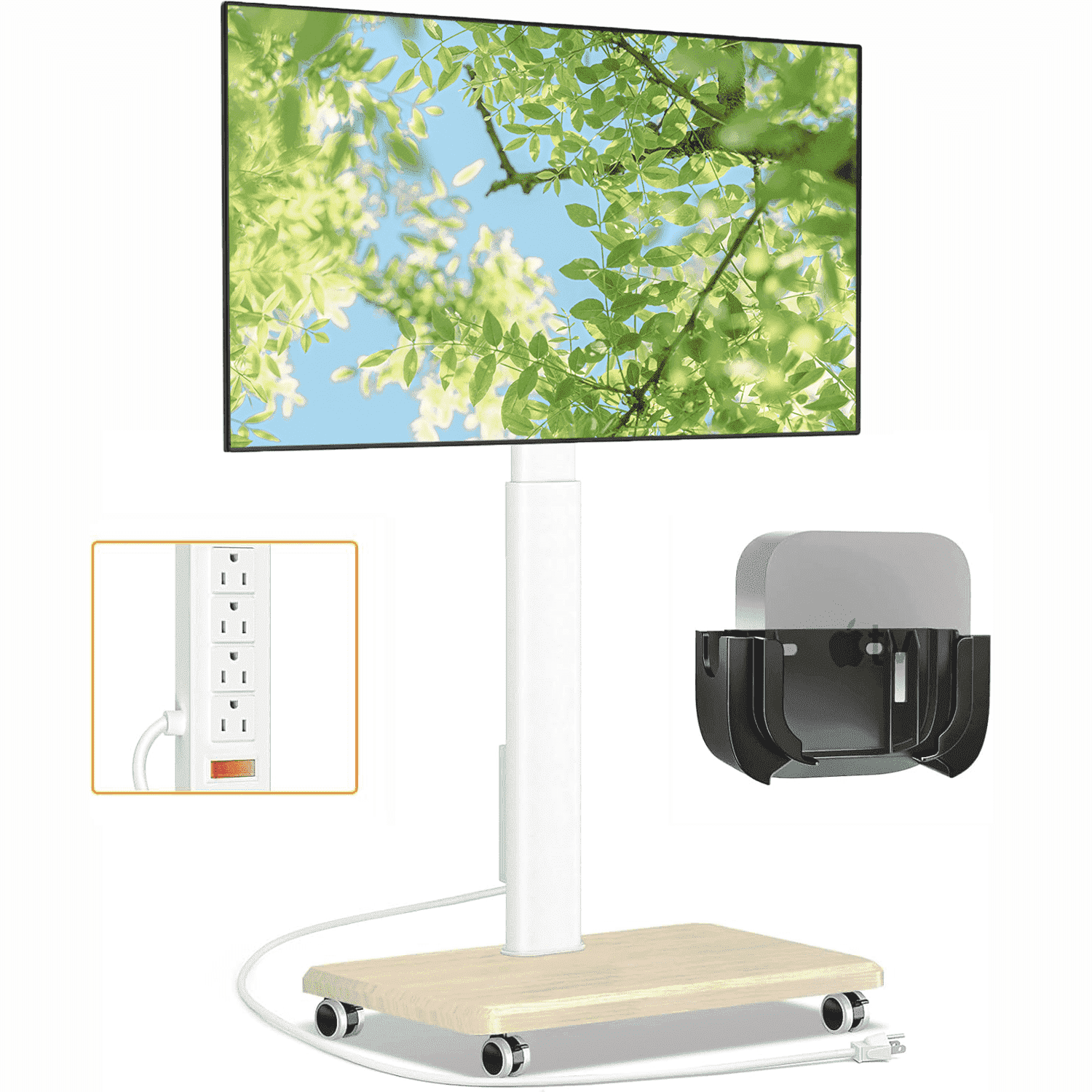 RTVR Mobile Rolling TV Stand on Wheels & Power Outlet for 32-70 inch Screens, Adjustable Indoor Outdoor TV Mount Stand with Wooden Base, White