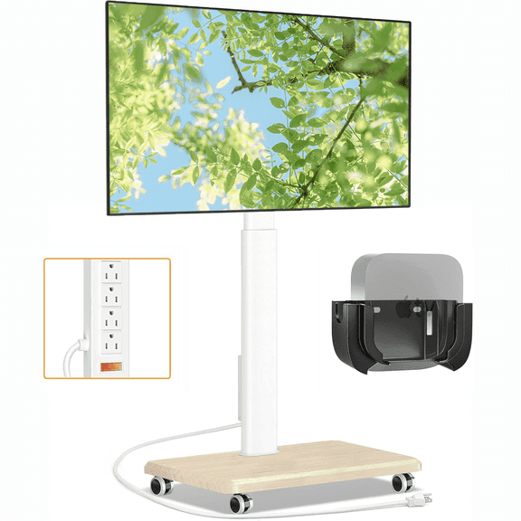 RTVR Rolling TV Cart Stand with Wheels & Power Outlet for 32-70 inch Flat Curved Screens, Mobile Adjustable Indoor Outdoor TV Stand