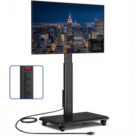 Universal Rolling TV Stand with Power Outlet, Portable Mobile TV Cart on Wheels for 32-70 Inch TVs, Black