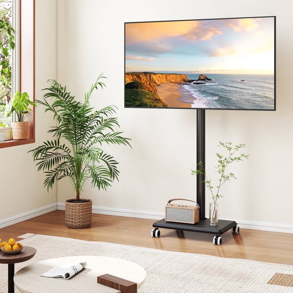 RTVR Rolling TV Cart Stand with Wheels for 32-60 inch Flat Curved Screen, Swivel Mounted Corner Mobile TV Stand, Modern Black