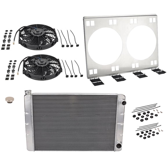 Speedway Motors Universal Small Block Chevy Double Pass Aluminum Radiator Kit with Dual 12 Electric Fans and Shroud, 31 Inch Crossflow Design, High-Performance Cooling Upgrade
