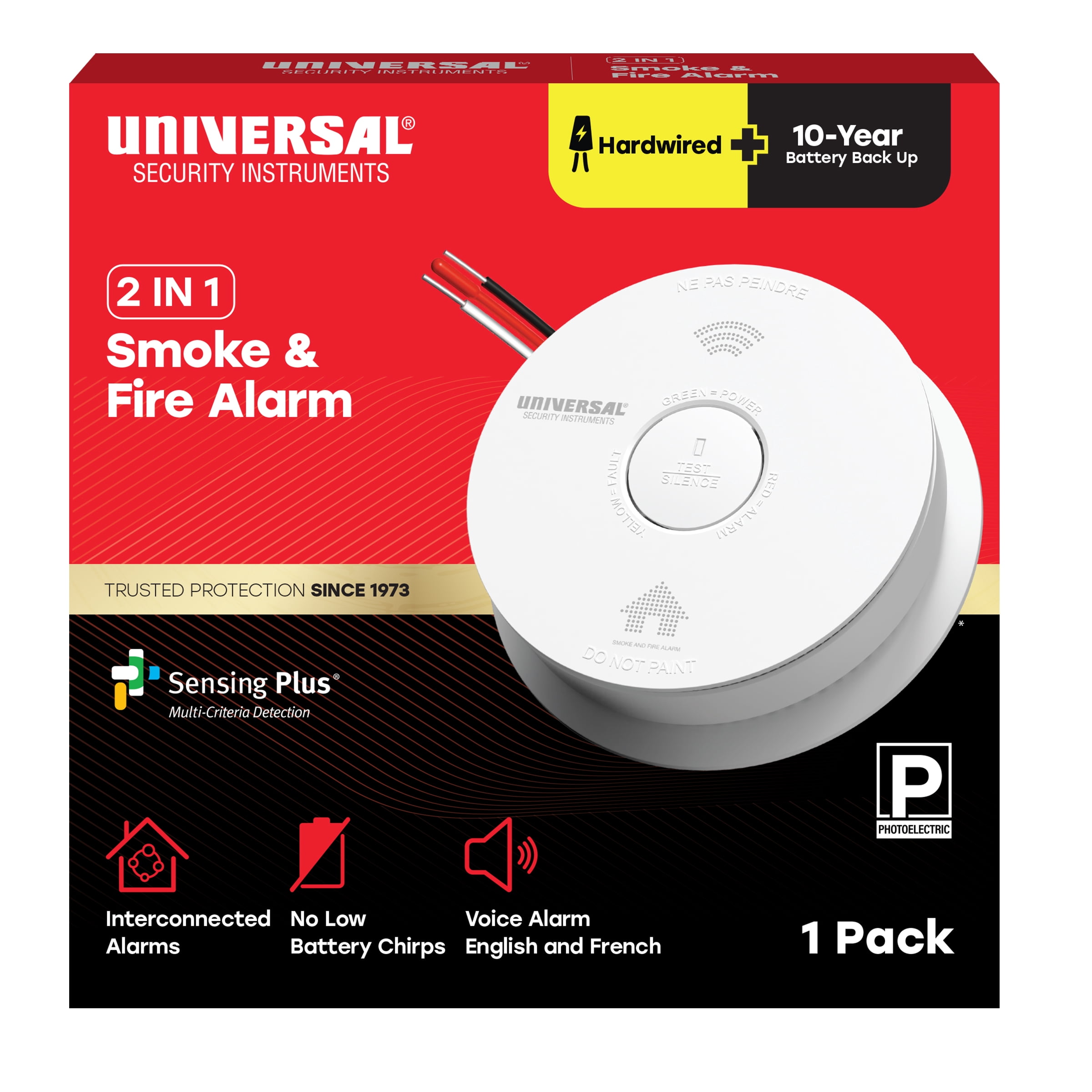 Universal Security Instruments 2 IN 1 Hardwire Smoke & Fire Alarm with ...