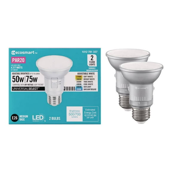 EcoSmart Universal Select 50/75-Watt Equivalent PAR20 Dimmable Adjustable Beam Angle LED Light Bulb with 6 CCT (2-Pack)