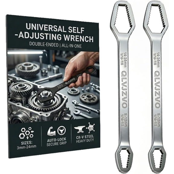 Universal Self Adjusting Wrench, Double Ended Multifunctional Self-Tightening Adjustable All in One Tool, DIY Machine Auto Maintenance, For 3mm-24mm Nuts, Chrome Vanadium Steel(Silver*2)