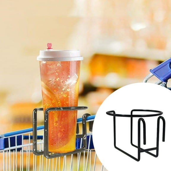 Universal Shopping Cart Cup Holder - Metal Clip-On Beverage Carrier for Strollers, Mobility Aids, & Carts - Holds Water Bottles, Coffee Cups (Black, 3.14" Diam)