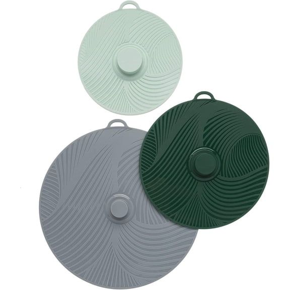 Universal Silicone Lids for Pots and Pans, Heat Safe, Reusable Suction Seal Covers for Bowls, Pots, Cups, Dishwasher Safe, 3 Piece, Gray, Green and Sage