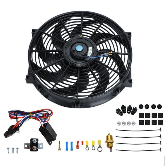 Universal Slim Pull Fan 14" Electric Radiator Fan High 900 CFM with 3/8" 175-185'C Electric Engine Fan Thermostat Temperature Relay Switch Sensor Kit