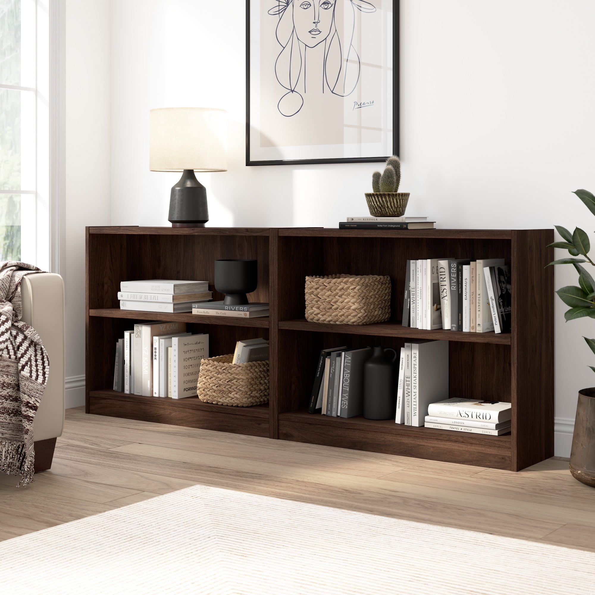 Universal Small 2 Shelf Bookcase Set in Black Walnut Engineered Wood