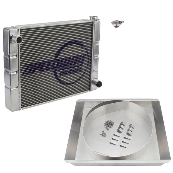 Speedway Motors Universal Small Block Chevy Radiator Kit w/Fan Shroud, 28” Aluminum Crossflow Cooling System, Adjustable Shroud Collar for 15–20″ Fans, High Pressure Cap Included