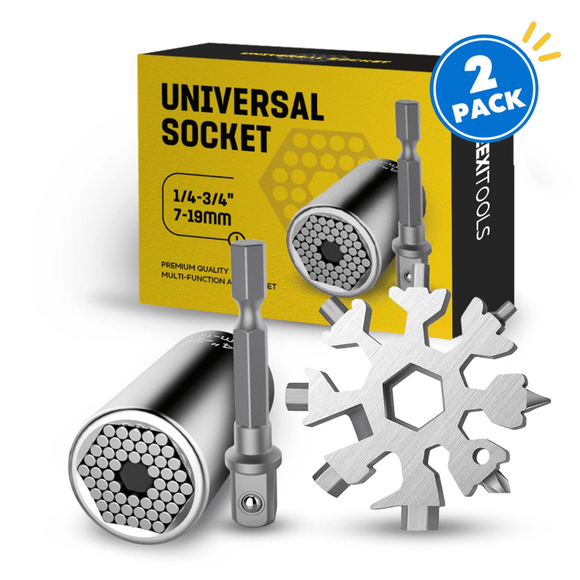 NEWAGE PRODUCTS Universal Socket + Snowflake Multitool Gifts for Men Dad - 2 Pack, Socket Set with Power Drill Adapter Cool Stuff, Super Universal Socket Grip Gadgets for Men, Tool for Men Women Husband (Sliver)