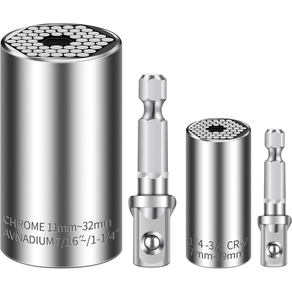 Universal Socket Set (11-32mm 7-19mm) Super Socket for Unscrew Any Bolt Multi-Function Universal Wrench Tool Kit with Power Drill Adapters Gifts for Men, Father/Dad, Husband, DIY Handyman 4PCS