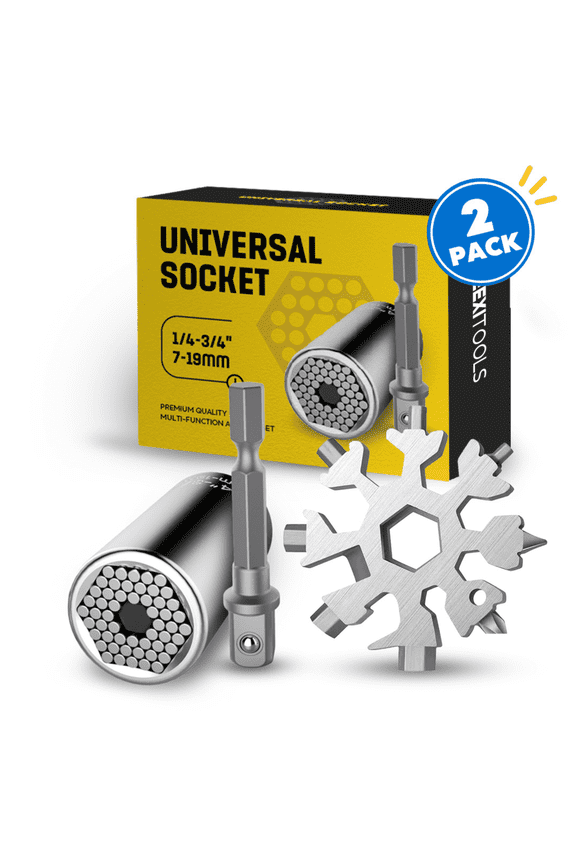Universal Socket + Snowflake Multitool Gifts for Men Dad - 2 Pack, Socket Set with Power Drill Adapter Cool Stuff, Super Universal Socket Grip Gadgets for Men, Tool for Men Women Husband (Sliver)