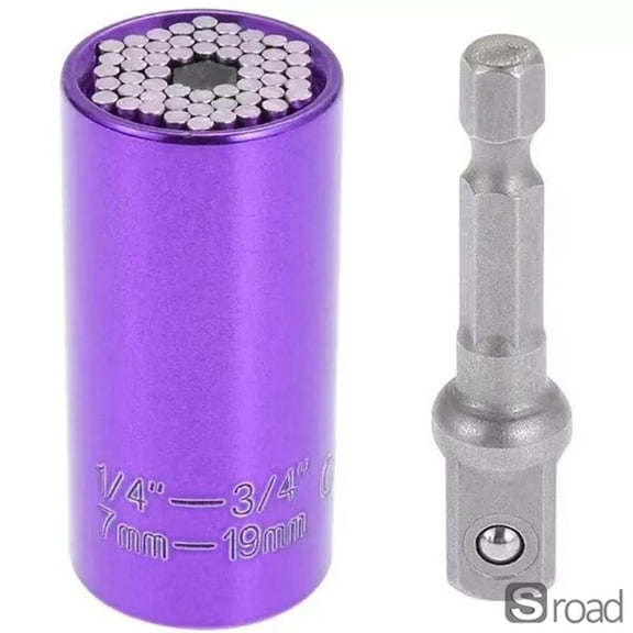 Universal Socket Wrench Set, 7-19mm Self-Adjusting Multi-Size Ratchet Spanner With 1/4" Hex Drill Adapter, Chromium Vanadium Steel Tool For Automotive & Home Repair,PURPLE,7-19mm