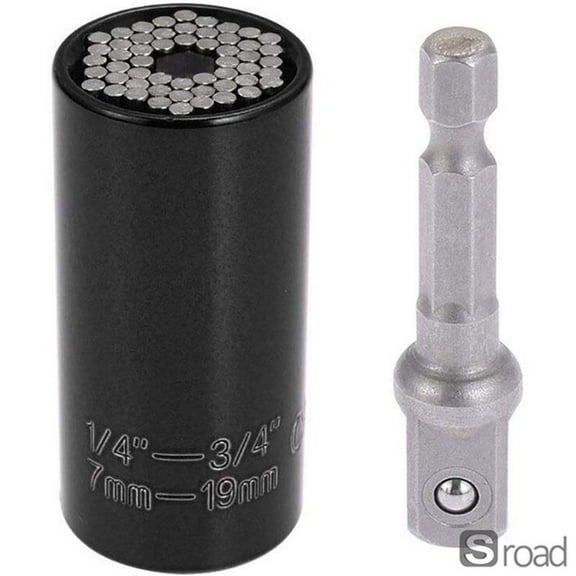 Universal Socket Wrench Set, 7-19mm Self-Adjusting Multi-Size Ratchet Spanner With 1/4" Hex Drill Adapter, Chromium Vanadium Steel Tool For Automotive & Home Repair,BLACK,7-19mm