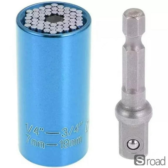 Universal Socket Wrench Set, 7-19mm Self-Adjusting Multi-Size Ratchet Spanner With 1/4" Hex Drill Adapter, Chromium Vanadium Steel Tool For Automotive & Home Repair,BLUE,7-19mm