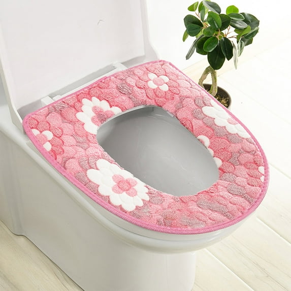 Universal Soft Coral Velvet Toilet Seat Cover & Cushion with Adhesive Buckle, Large Flower Design, Warm & Washable, 4 Pack, 12-inch