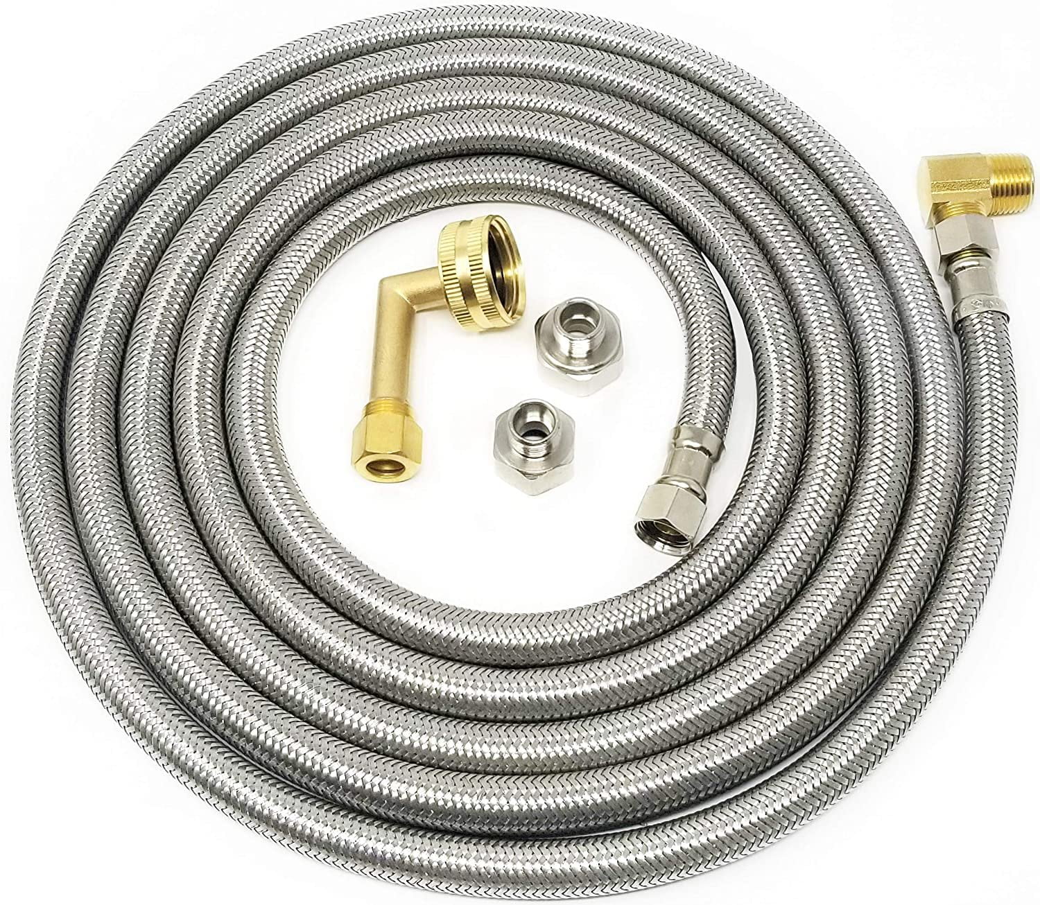 6 Ft Stainless Steel Dishwasher Hose Kit with Brass Adapters