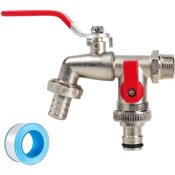 Universal Stainless Steel Double Outlet Garden Water Faucet, Frost-Proof Heavy Duty Double Tap, Doubles Outlet Outside Tap for Garde, Car Washing, Washing Machines, Lawn Irrigation (Red)