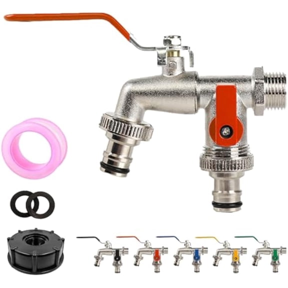 Universal Stainless Steel Double Outlet Garden Water Faucet, Outdoor Water Faucet Valve with Double Outlet, 1/2 * 3/4 * 3/4 Hose Splitter 2 Way Heavy Duty, for Garden Hose, Washing Machines (Red)