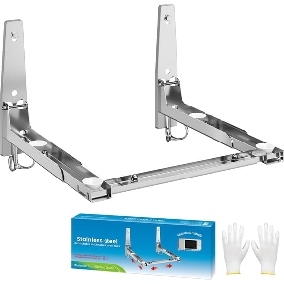 Universal Stainless Steel Microwave Oven Wall Mount Bracket with Removable Hooks, Arm Adjustable Foldable Kitchen Stretch Oven Stand Shelf Rack Load 100 lb, Silver