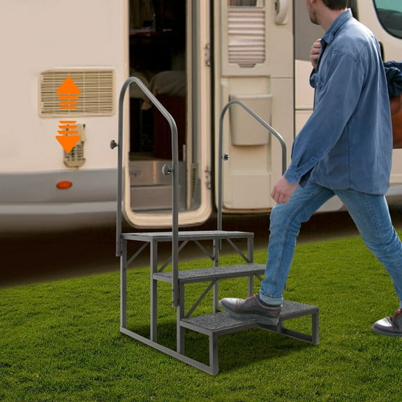 Universal Stairs 3 Steps for RV Trailer Camper Porch with Double Side Hand Rails