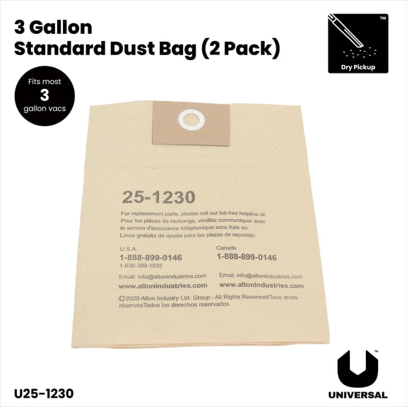 Universal Standard Disposable Filter Bag, 2-pack, Fits 3gallon Wet/Dry Vacuums