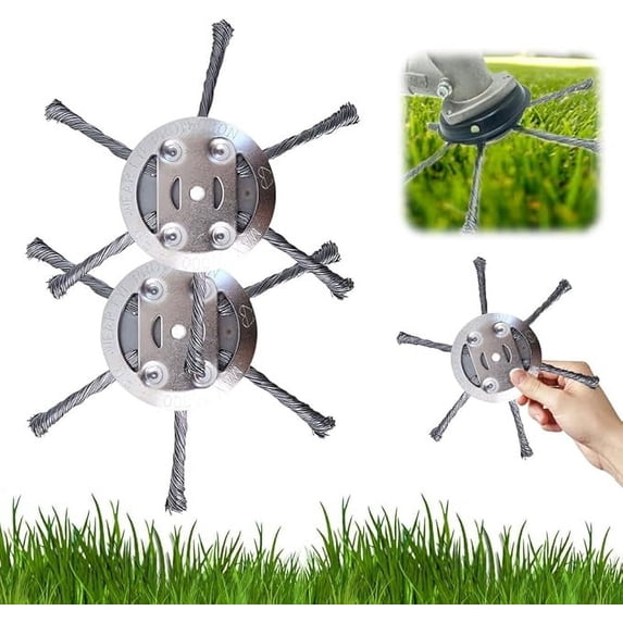 Universal Steel Wire Trimmer Head - 6 Blade Heavy Duty Weed Remover Tool, Professional Grade Brush Cutter for Lawn Mower Tray, Compatible with Most String Trimmers (2 Pack + Adapter Kit)
