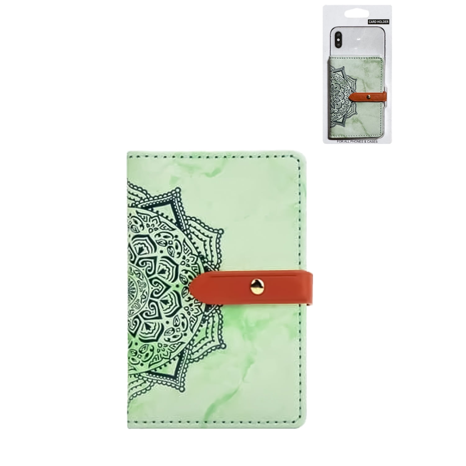 Universal Stick-On Leather Card Holder with Datura Flower Print - Green