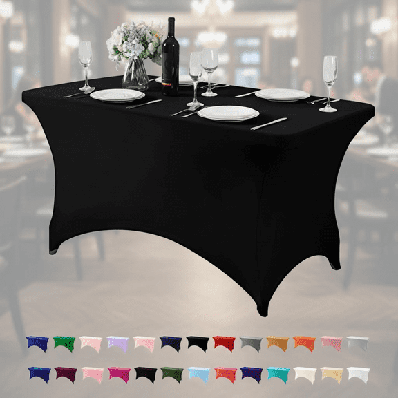 Universal Stretch Spandex Table Cover for 4, 6, or 8 Foot Tables - Fitted Elastic Tablecloth for Parties, Banquets, Weddings, and Events in Black