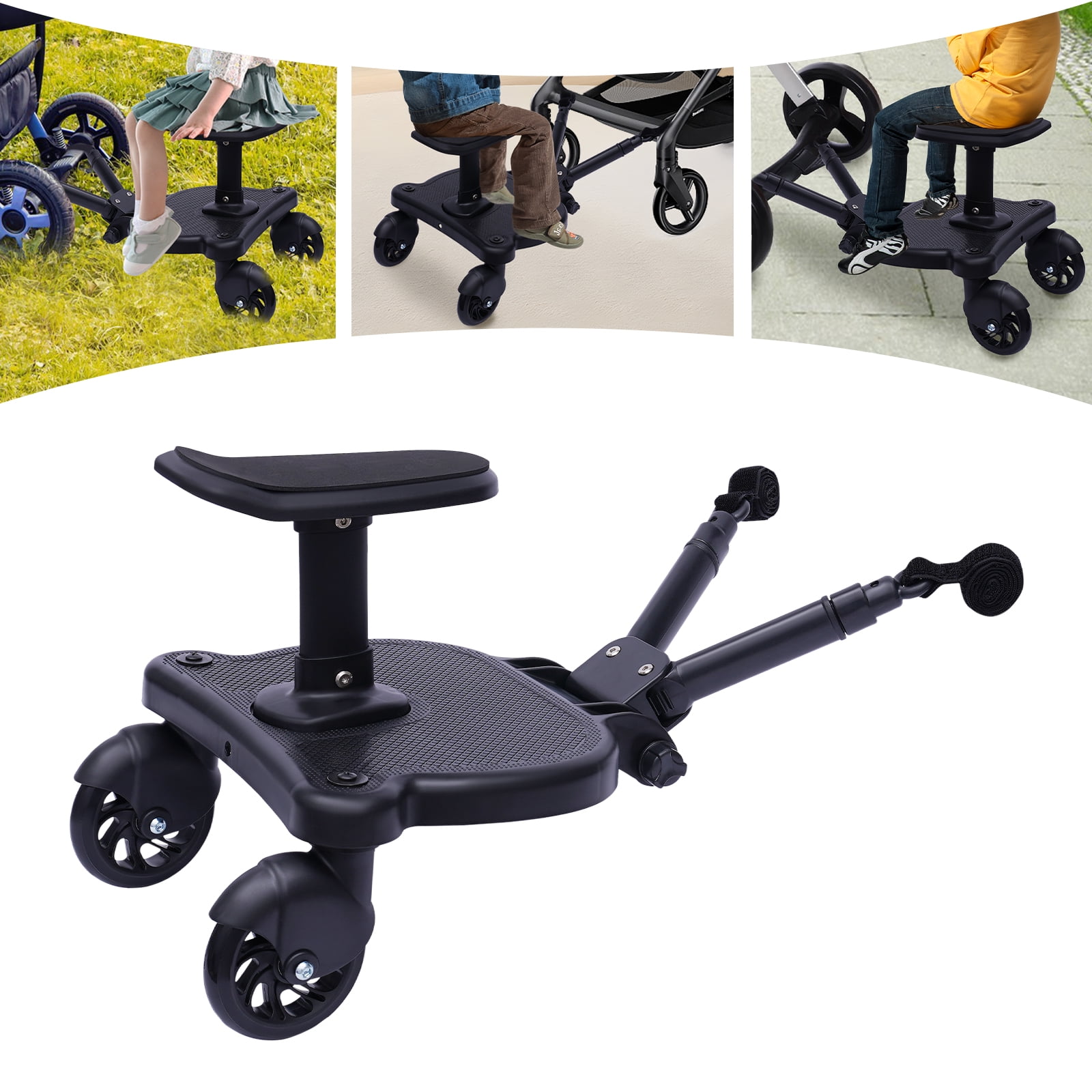 Universal Stroller Board, 2-in-1 Sitting Standing Stroller Rider Board with Detachable Seat Pram Pedal Adapter for Most Strollers, Holds Children Up to 55Lbs 3-7 Years