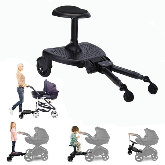Universal Stroller Board with Detachable Seat Holds, 2 in1 Sit and Stand Stroller Glider Board for Most Strollers, Holds Children Up to 55LBs Stroller Standing Board, Black