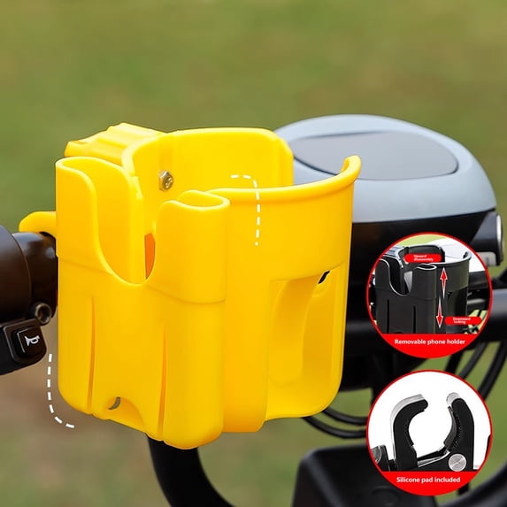 Universal Stroller Cup Holder with Phone Mount, Adjustable Clamp for Strollers, Wheelchairs, Scooters and Treadmills, Fits Bottles, Coffee Cups and Sippy Cups