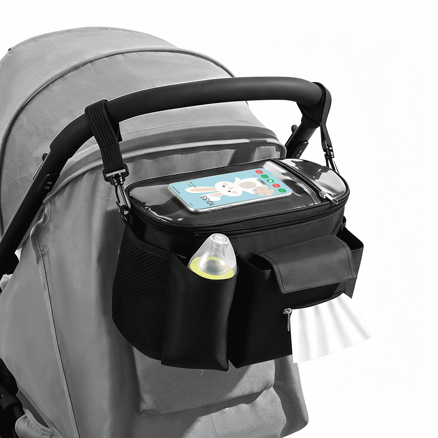 Universal Stroller Organizer Caddy - Large Capacity Waterproof Hanging Bag with Cup Holders, Phone Pocket & Detachable Strap for Strollers & Cribs (Black)
