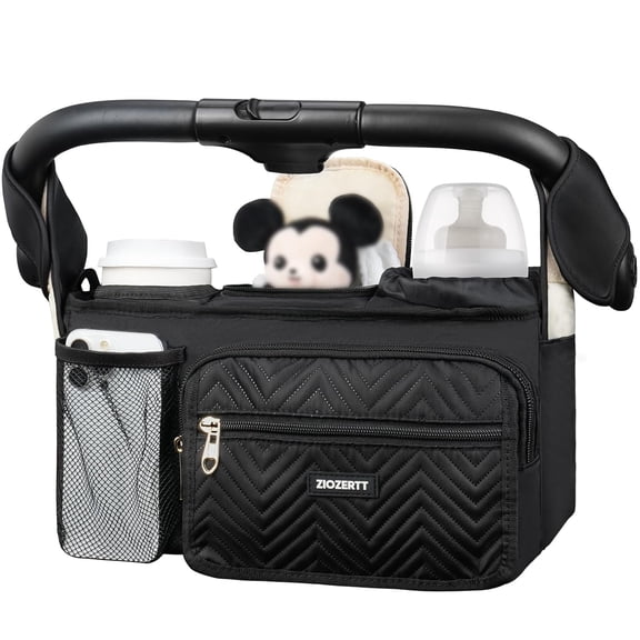 Universal Stroller Organizer with Insulated Cup Holders,Large Capacity Non-Slip Stroller Caddy Bag Fits for Uppababy/Doona/Jogger/Britax/Mompush/BoB with Anti-Sag Hard Bottom and Wet Wipes Pocket