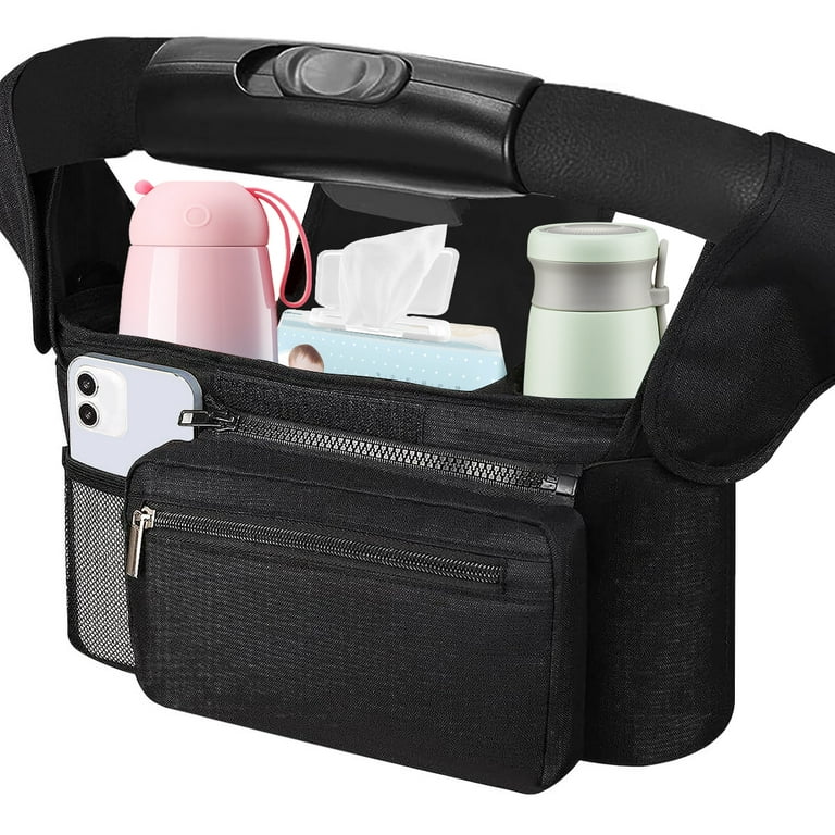 Universal Stroller Organizer Non Slip Straps Stroller Caddy with Insulated 2 Cup Holder Detachable Phone Bag Shoulder Strap Fits for Stroller Like