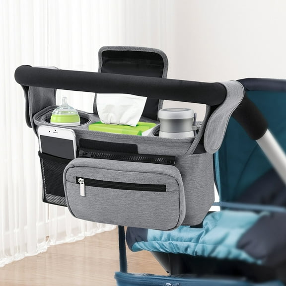Universal Stroller Organizer Non Slip Straps Stroller Caddy with Insulated 2 Cup Holder-Detachable Phone Bag & Shoulder Strap,Fits for Stroller like Uppababy,Baby Jogger and Pet Stroller, Gray