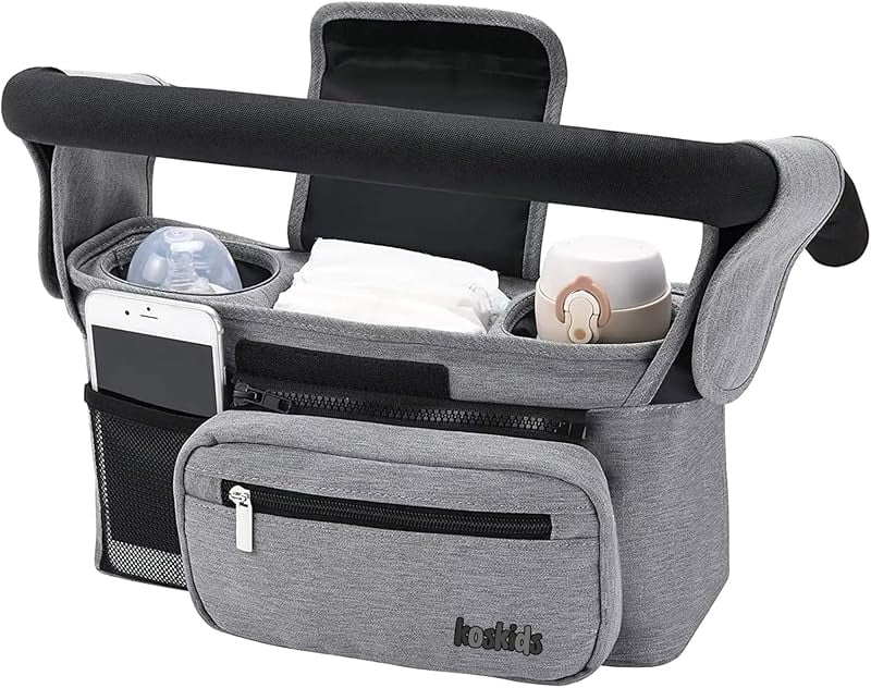 Universal Stroller Organizer with Insulated Cup Holder, Detachable Phone Bag, Shoulder Strap – Fits All Stroller Types, Keeps Drinks Hot/Cold
