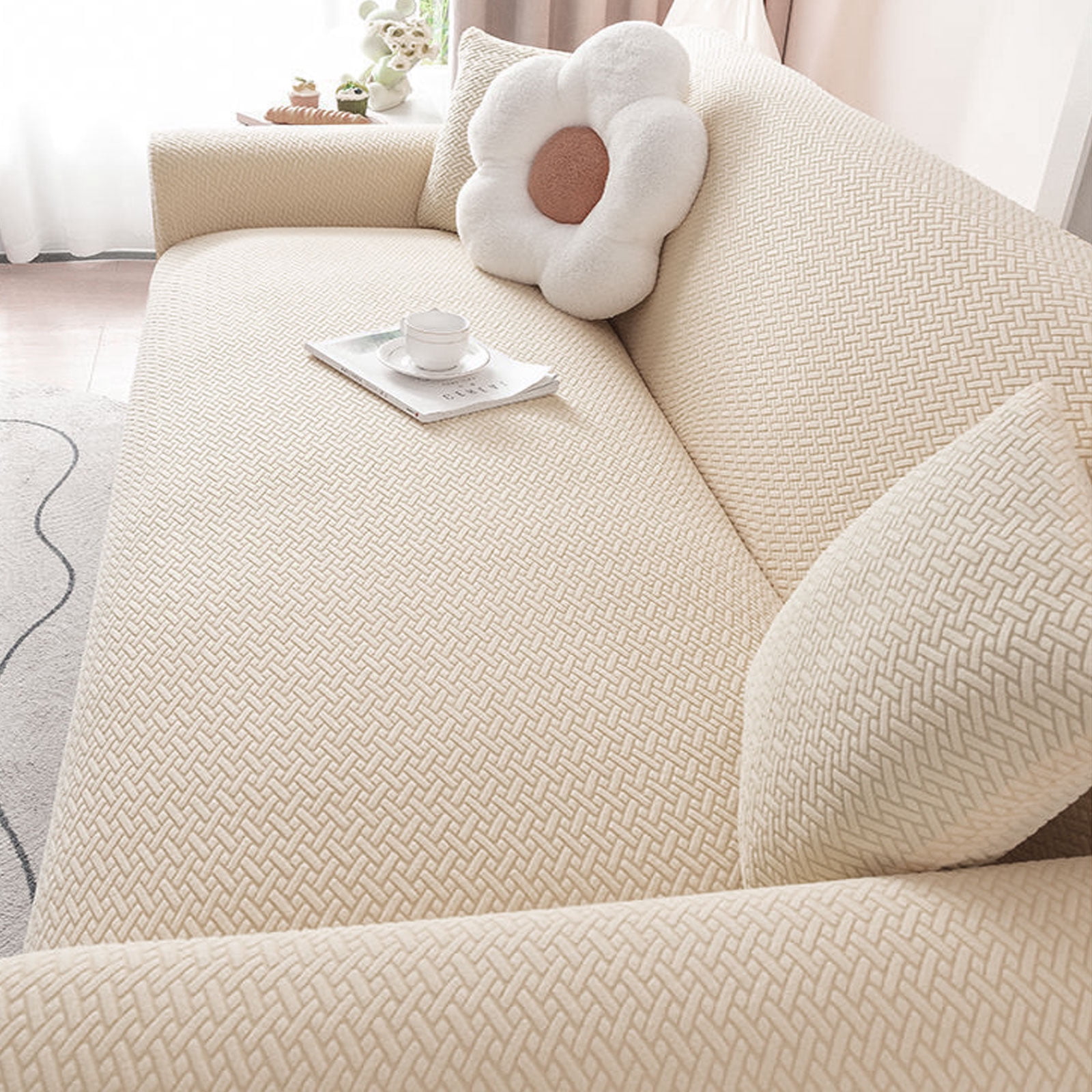 Universal Super Stretch Sofa Cover for 3-Cushion Couch, Striped Fitted Slipcover with Elastic Bottom, Pet-Friendly Spandex Fabric, Comfortable & Durable Furniture Protector (72"-92", Beige)
